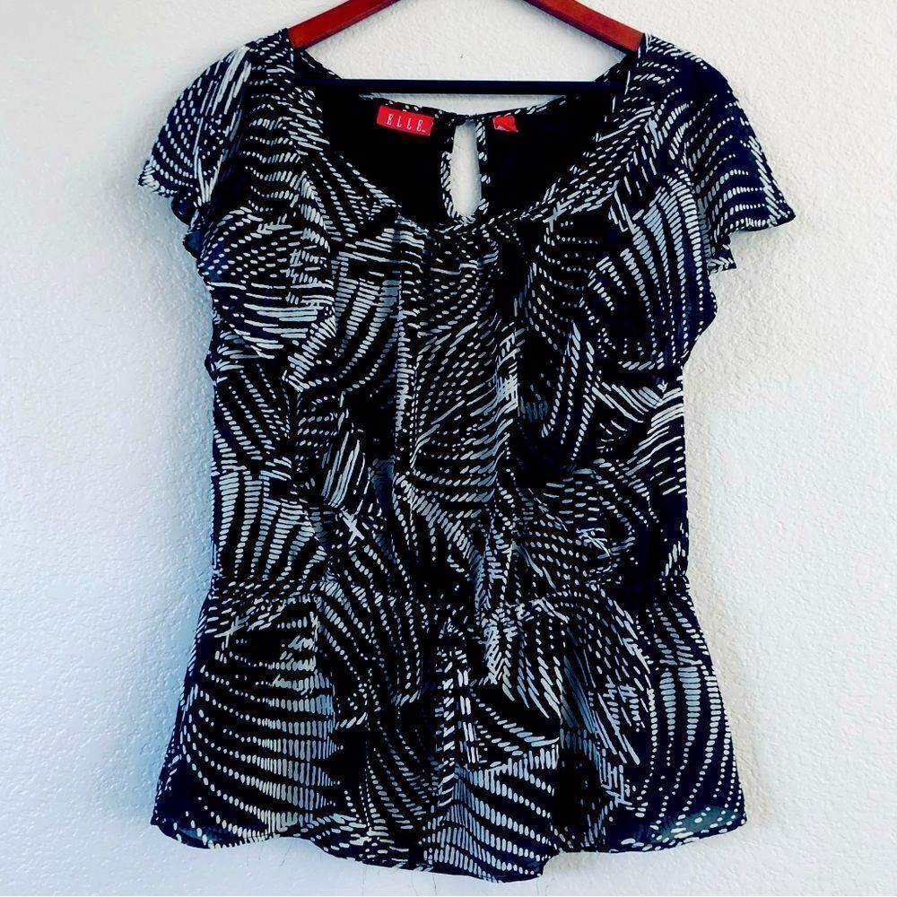 Elle Sheer Ruffle Layered Printed Blouse Top S